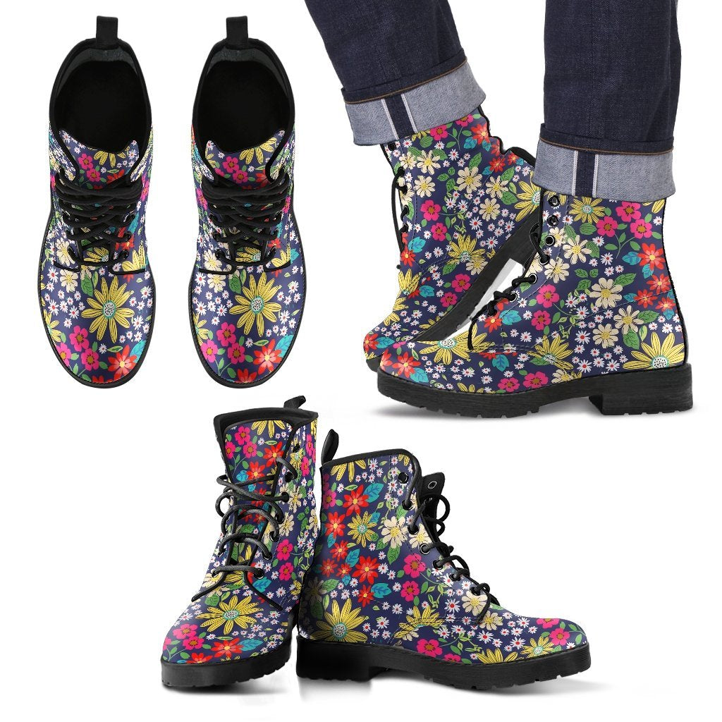 Cute Colorful Daisy Pattern Print Men Women Leather Boots-grizzshop