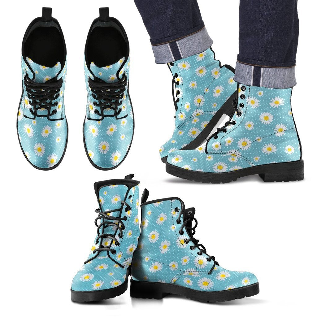 Cute Daisy Polka dot Pattern Print Men Women Leather Boots-grizzshop