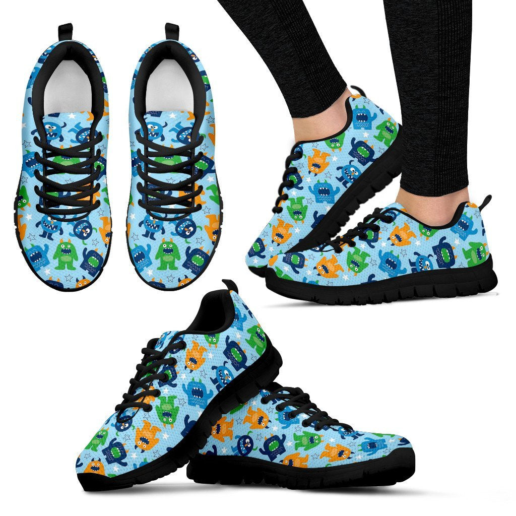 Cute Monster Print Pattern Black Sneaker Shoes For Men Women-grizzshop