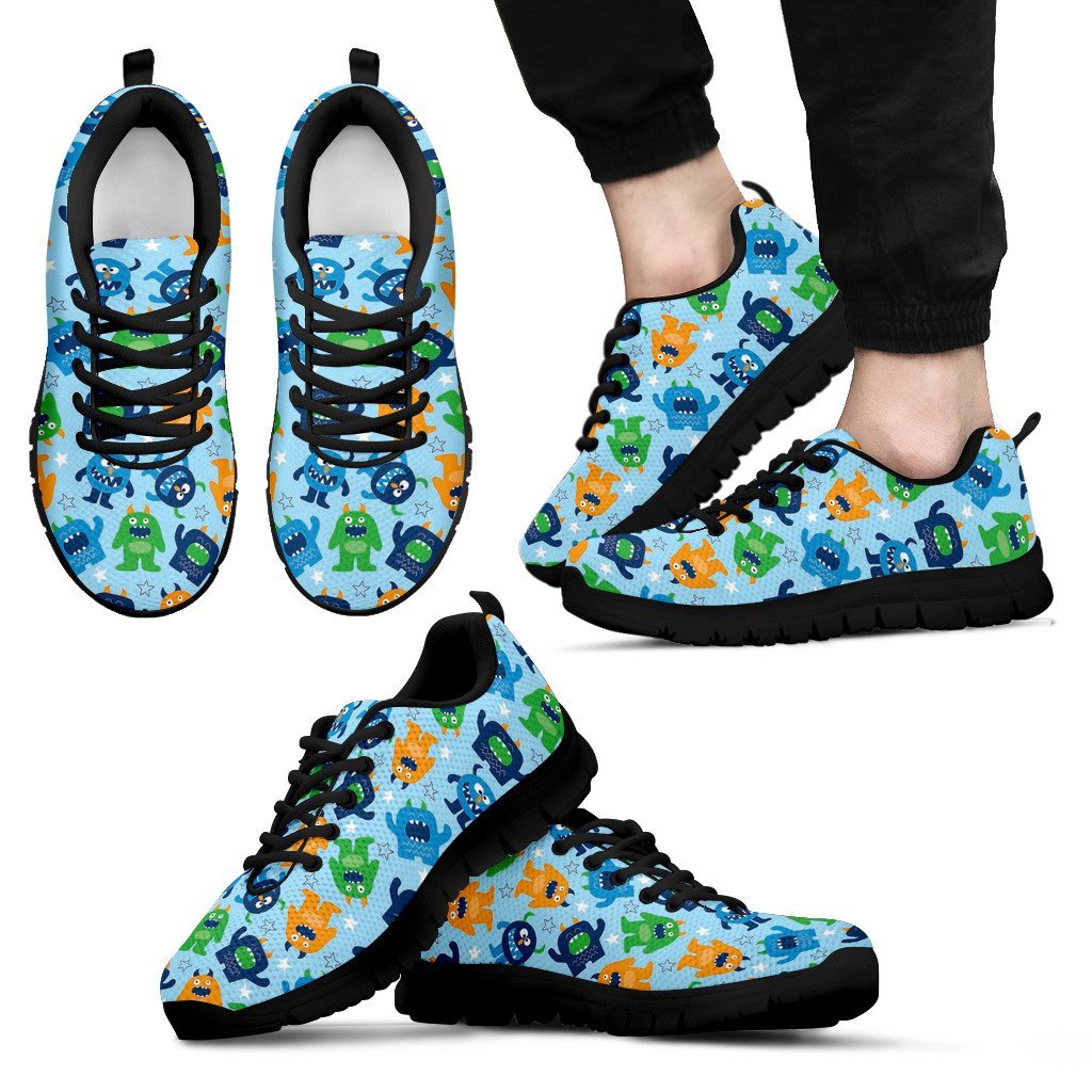 Cute Monster Print Pattern Black Sneaker Shoes For Men Women-grizzshop