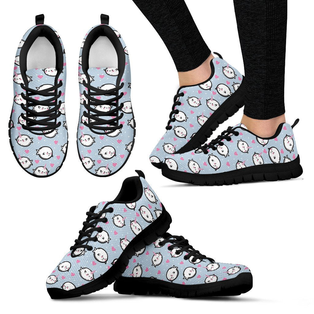 Cute Narwhal Pattern Print Black Sneaker Shoes For Men Women-grizzshop
