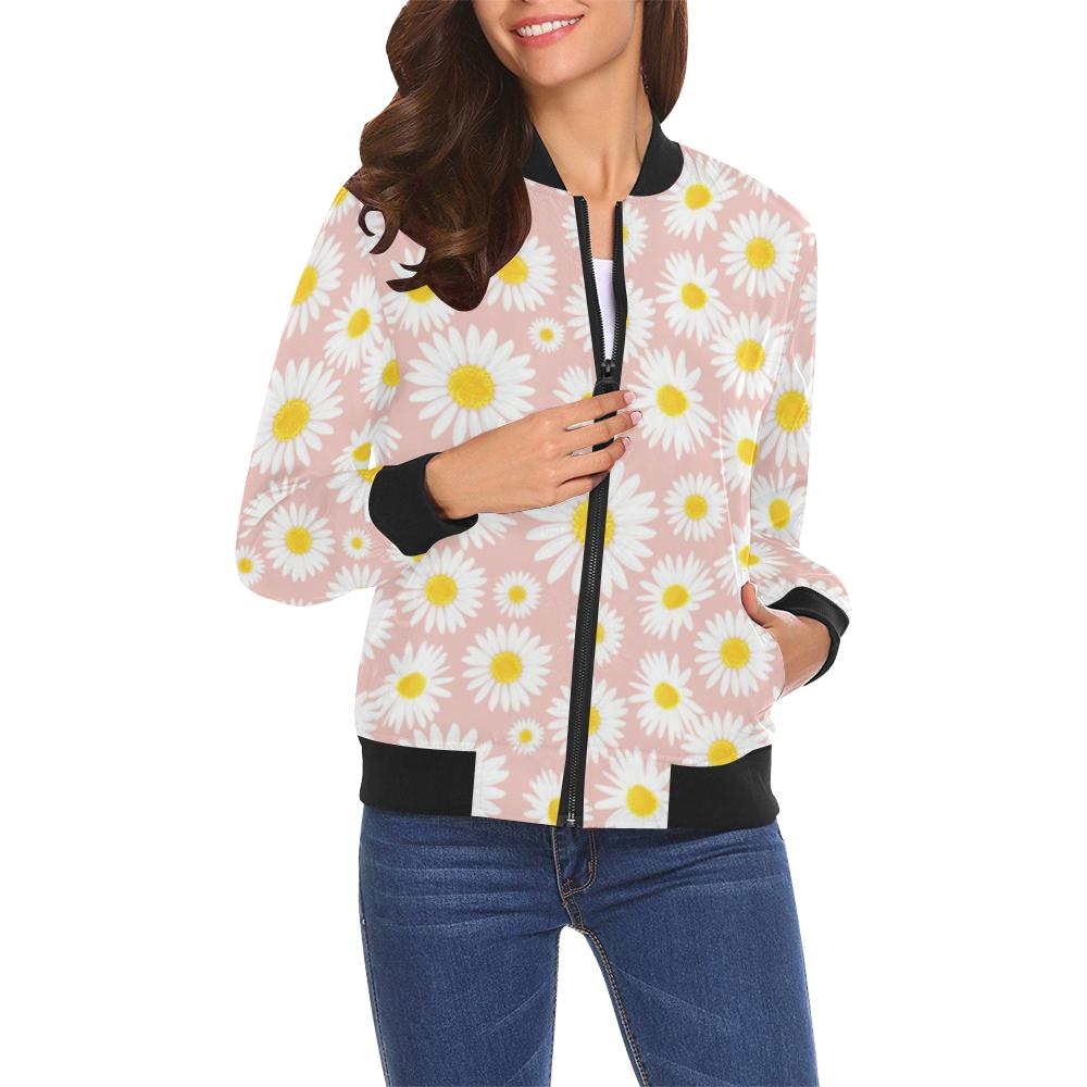 Cute Pink Daisy Pattern Print Women Casual Bomber Jacket-grizzshop