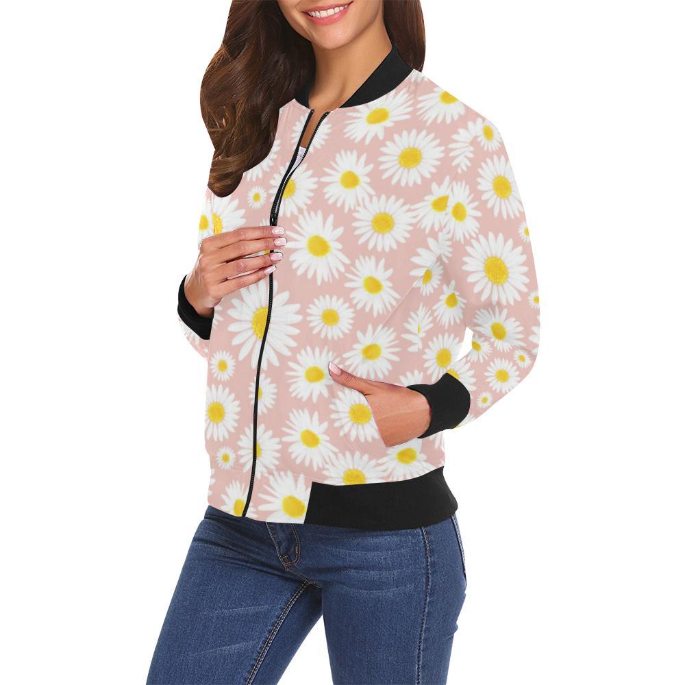 Cute Pink Daisy Pattern Print Women Casual Bomber Jacket-grizzshop