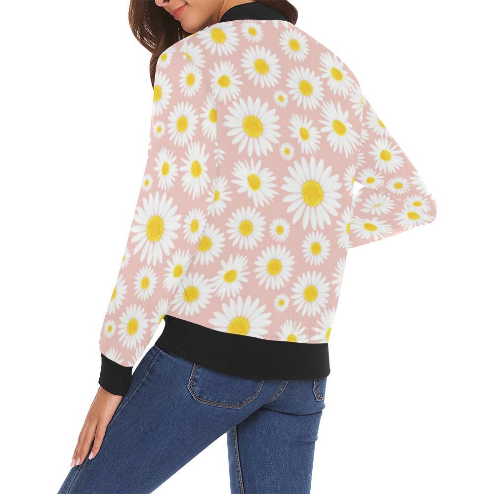Cute Pink Daisy Pattern Print Women Casual Bomber Jacket-grizzshop