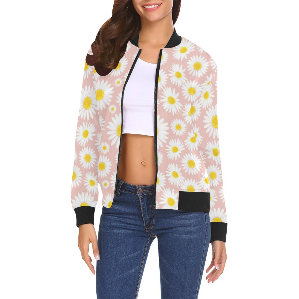 Cute Pink Daisy Pattern Print Women Casual Bomber Jacket-grizzshop