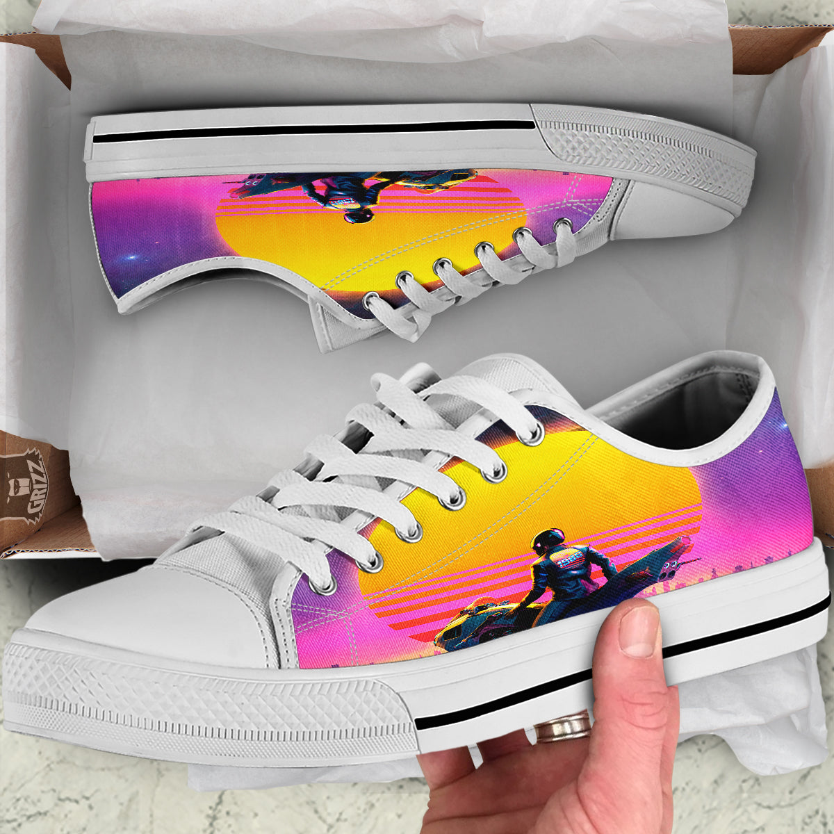 Cyberpunk Biker Print White Low Top Shoes-grizzshop