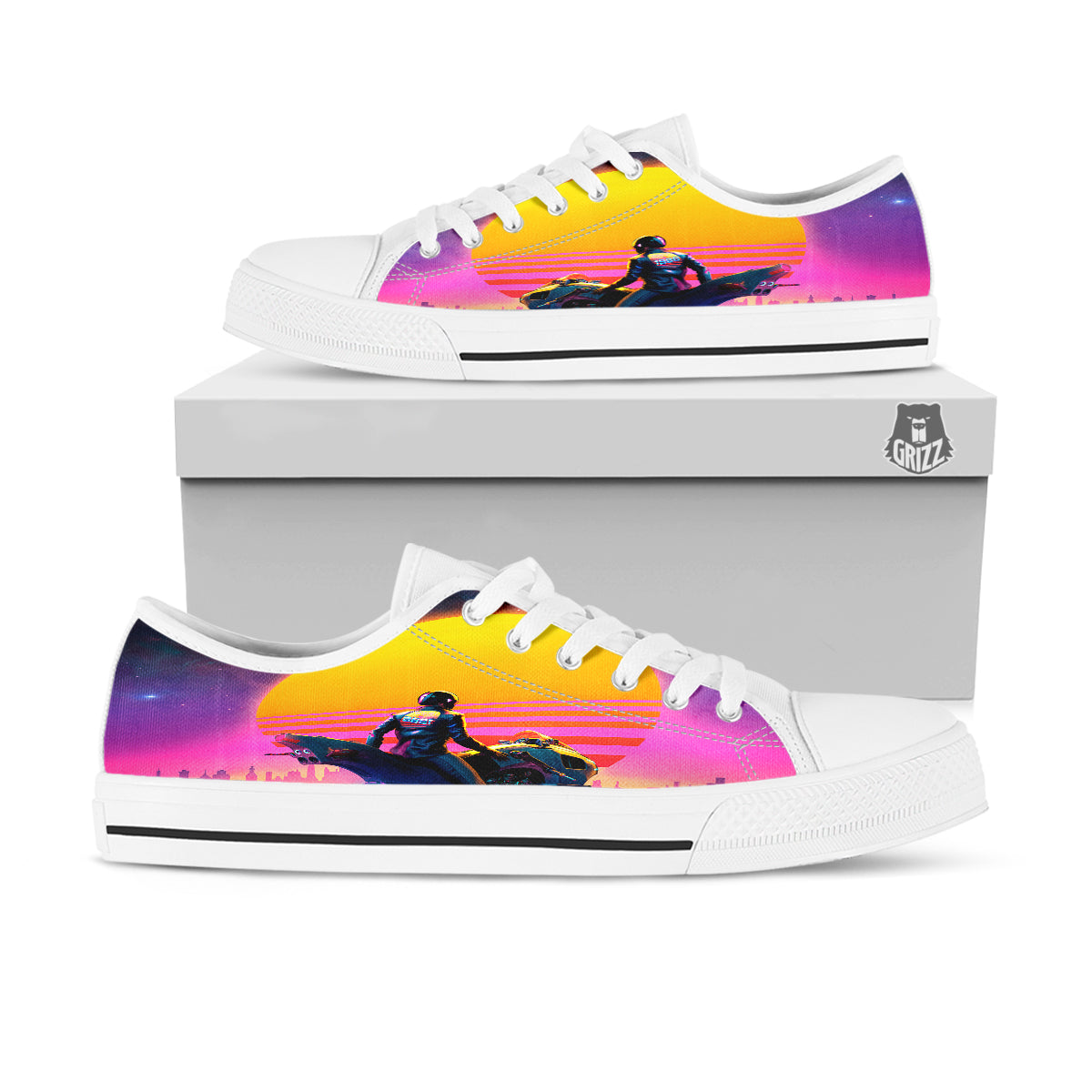 Cyberpunk Biker Print White Low Top Shoes-grizzshop