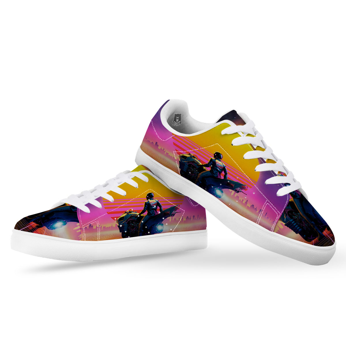 Cyberpunk Biker Print White Low Top Sneakers-grizzshop