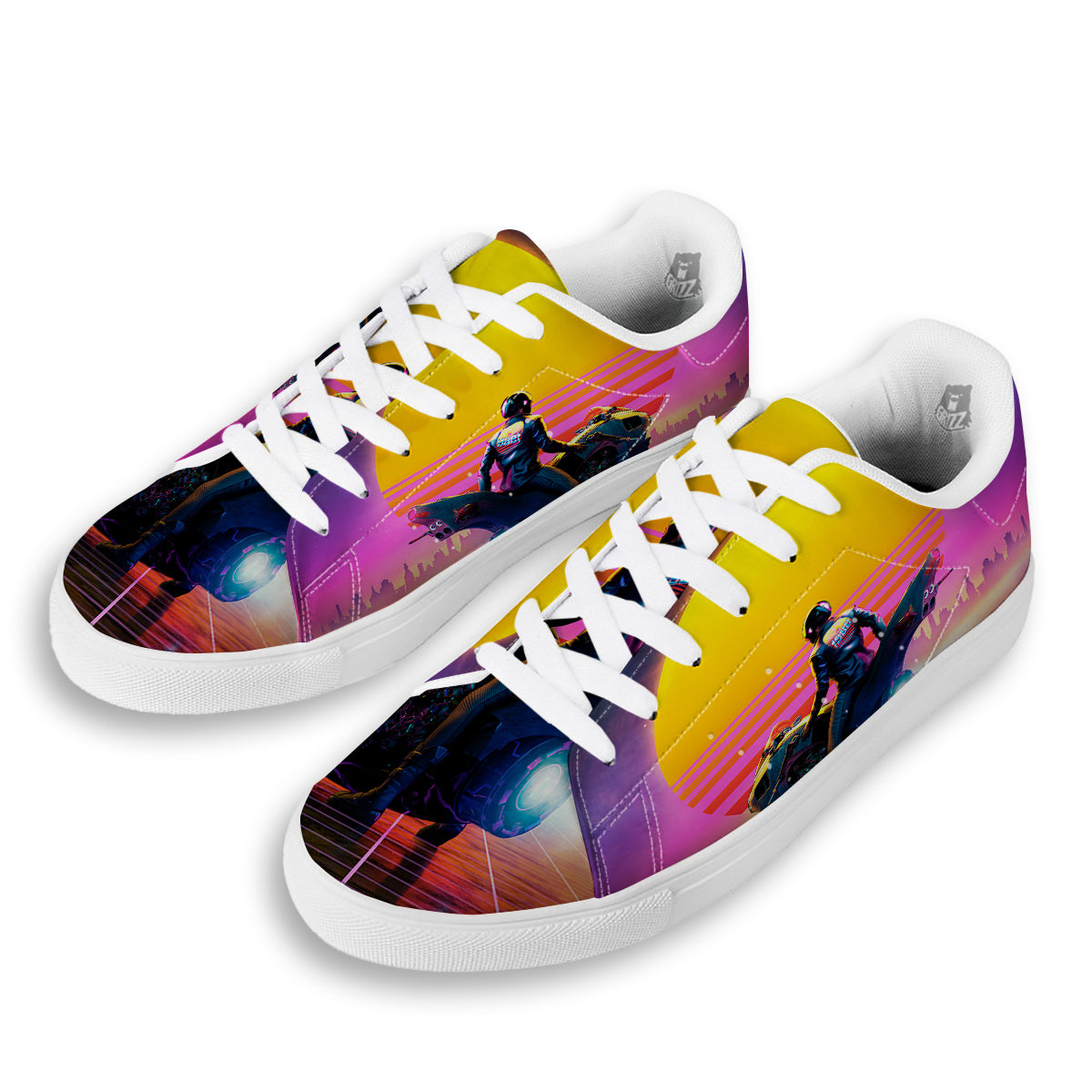 Cyberpunk Biker Print White Low Top Sneakers-grizzshop