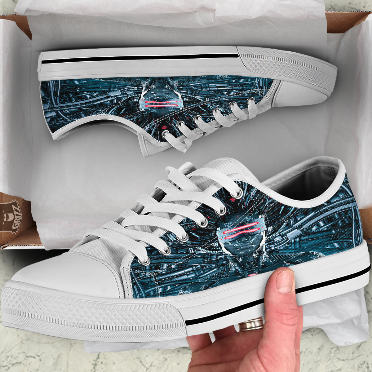 Cyborg Cyberpunk Print White Low Top Shoes-grizzshop