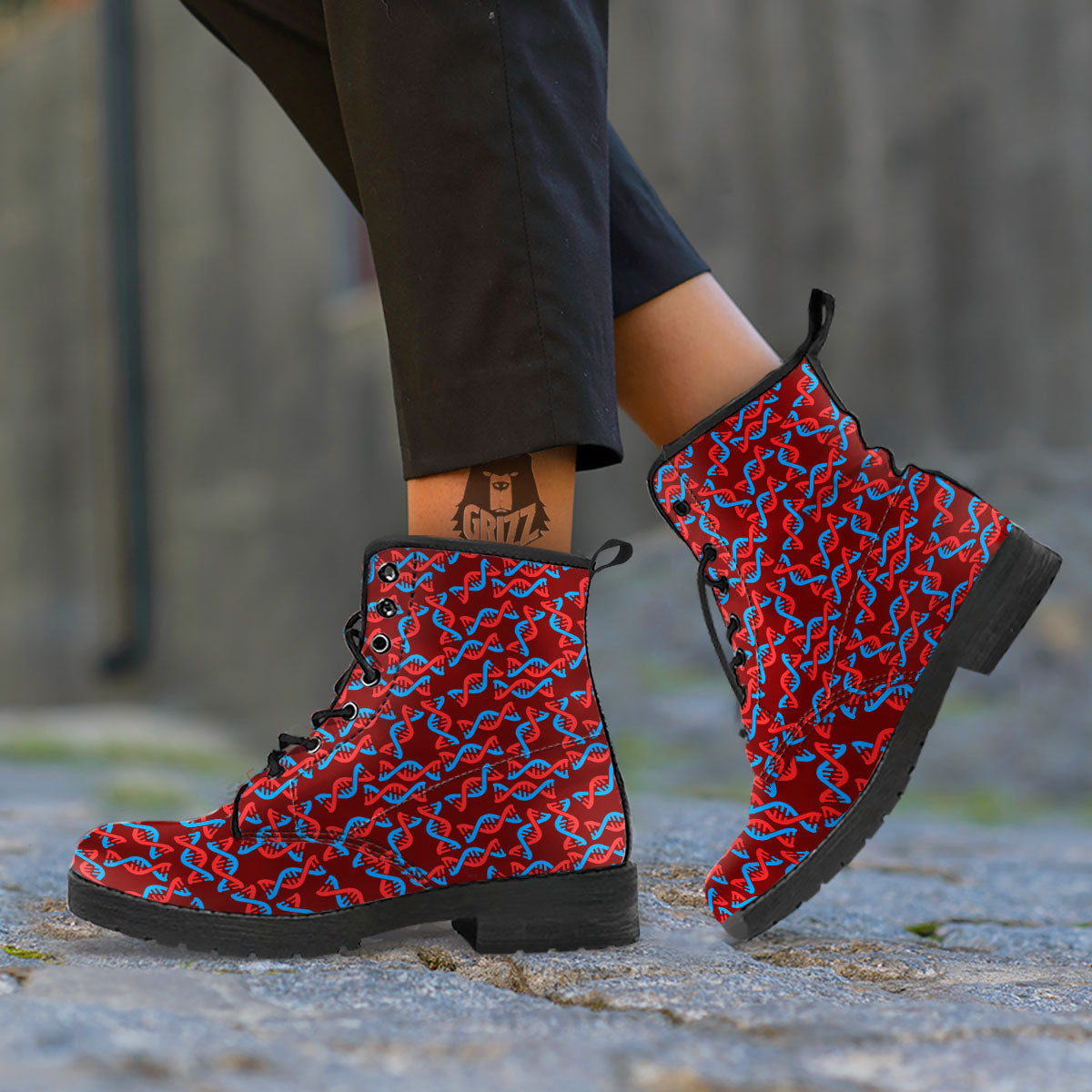 DNA Helix Print Pattern Leather Boots-grizzshop