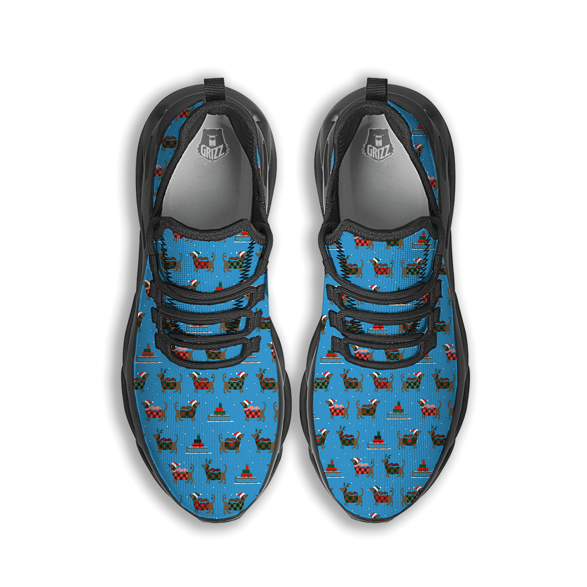 Dachshund Christmas Santa Print Black Running Shoes-grizzshop