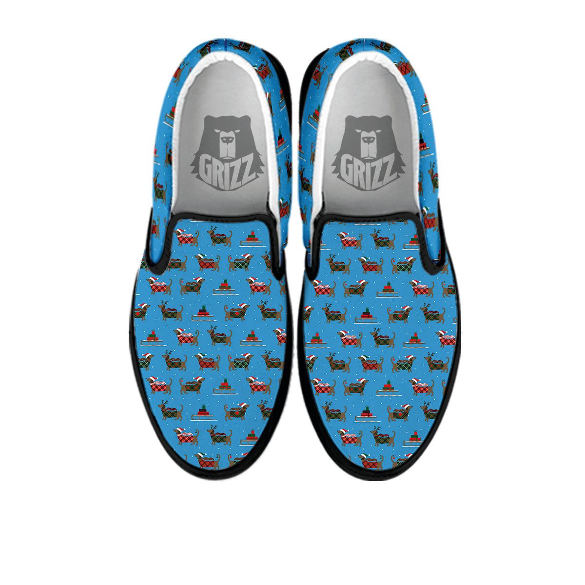 Dachshund Christmas Santa Print Black Slip On Shoes-grizzshop