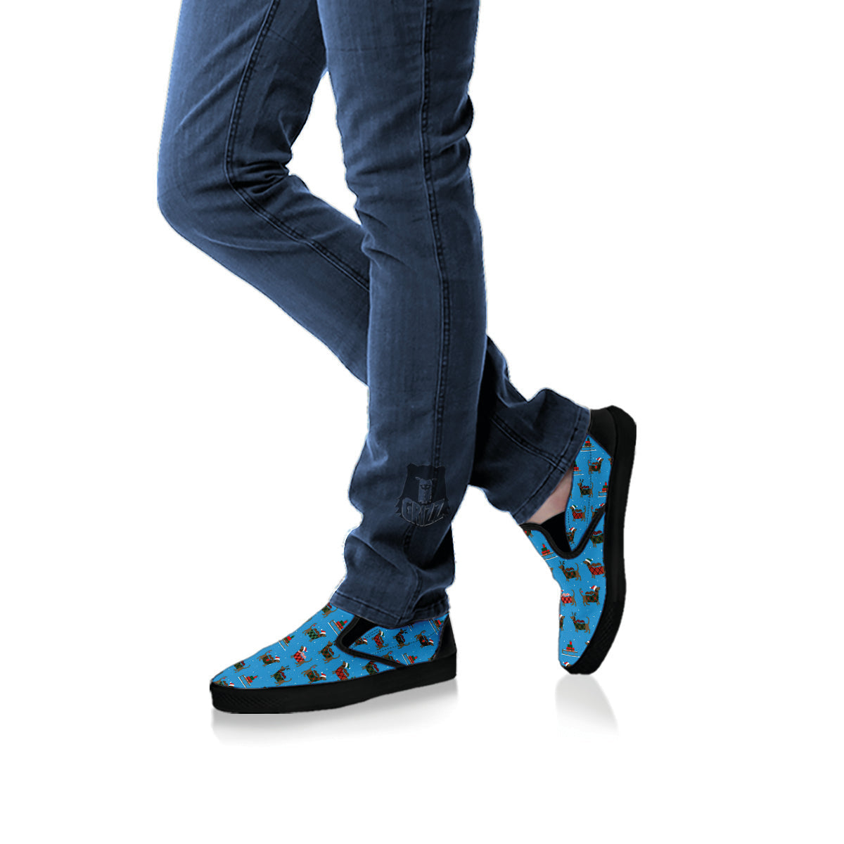 Dachshund Christmas Santa Print Black Slip On Shoes-grizzshop