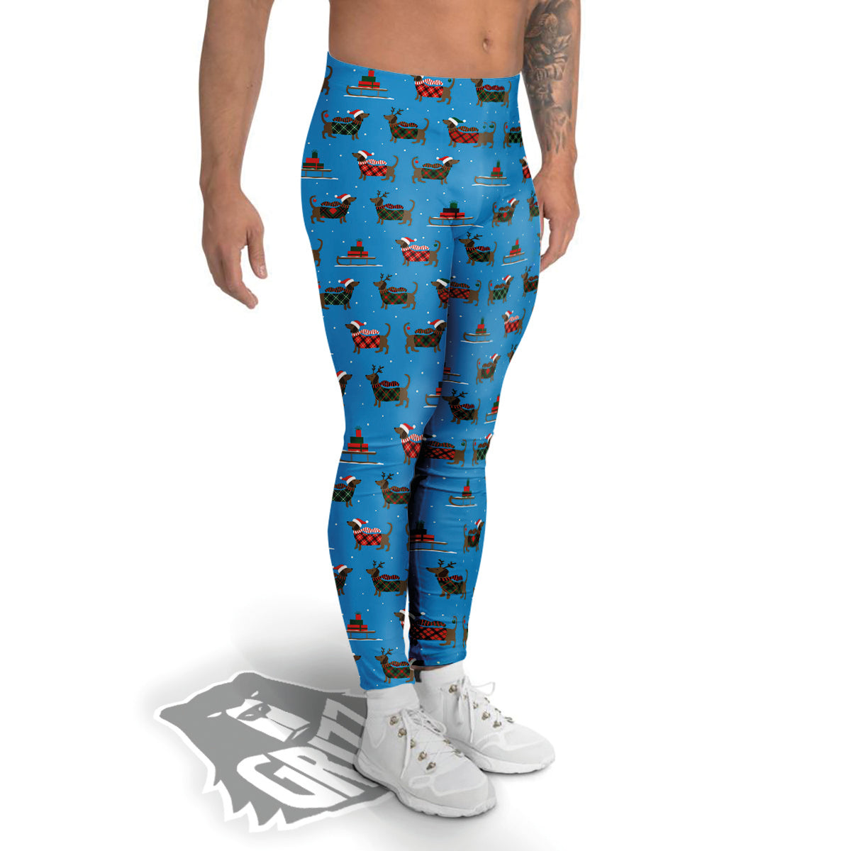 Dachshund Christmas Santa Print Men's Leggings-grizzshop