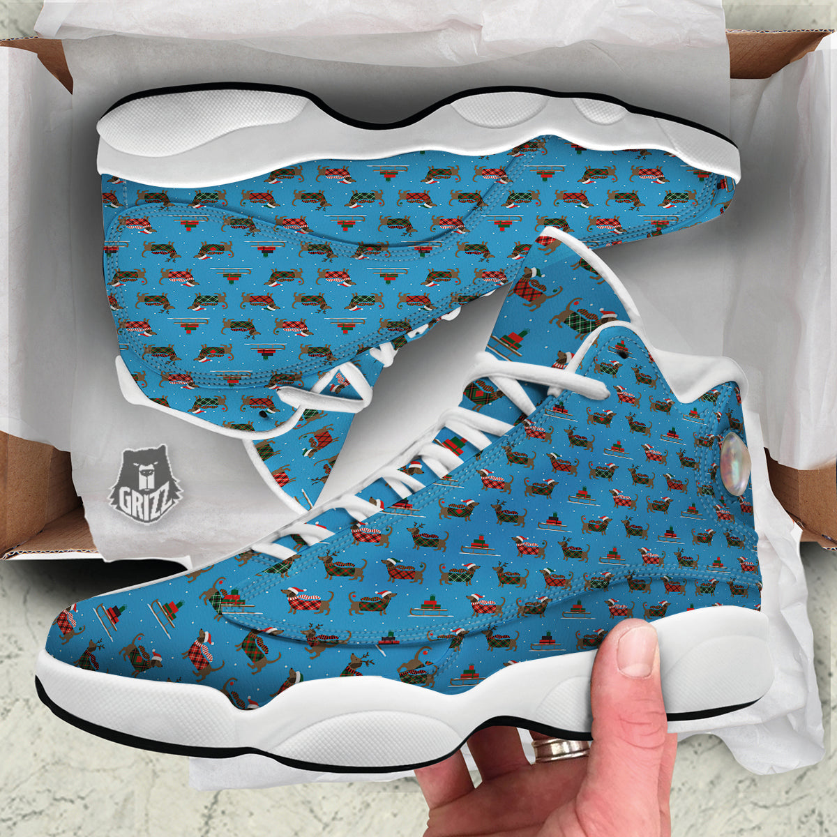 Dachshund Christmas Santa Print White Basketball Shoes-grizzshop