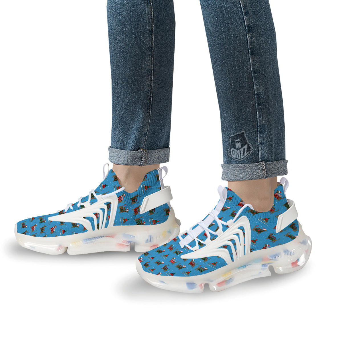 Dachshund Christmas Santa Print White Gym Shoes-grizzshop
