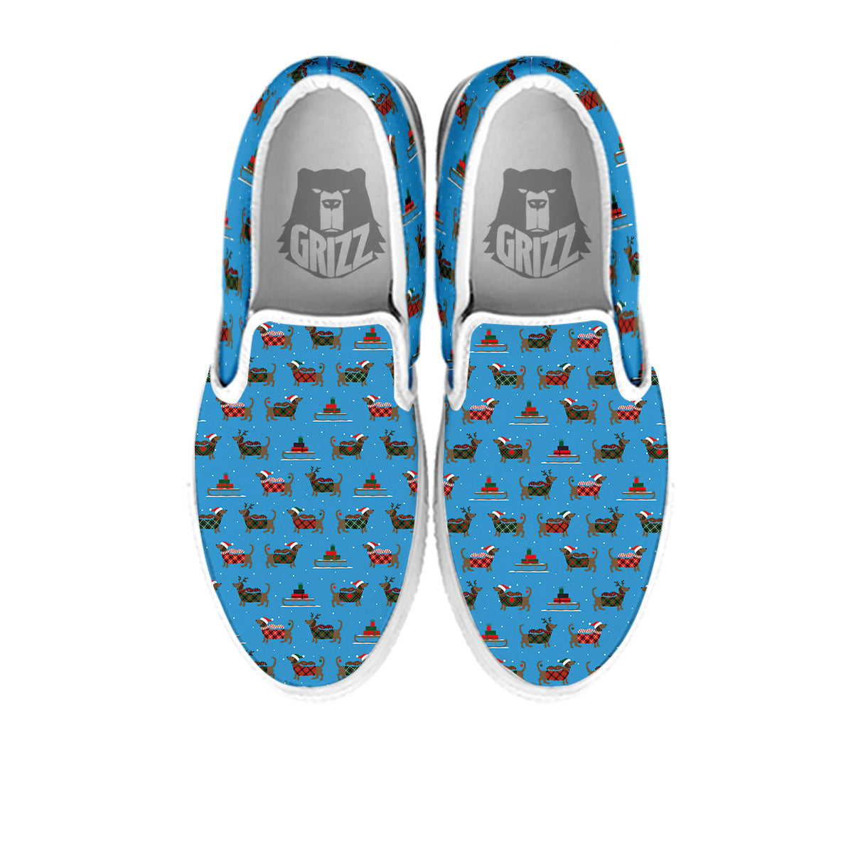 Dachshund Christmas Santa Print White Slip On Shoes-grizzshop