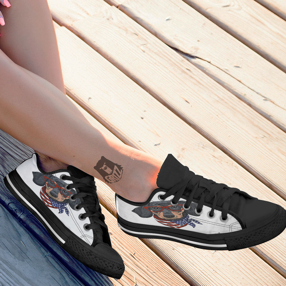 Dachshund Wearing Red Sunglasses Print Black Low Top Shoes-grizzshop