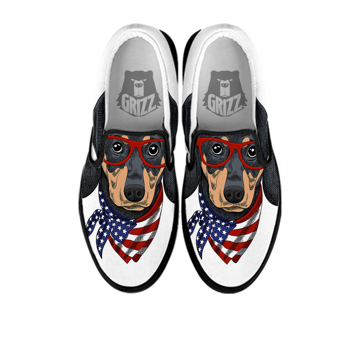 Dachshund Wearing Red Sunglasses Print Black Slip On Shoes-grizzshop