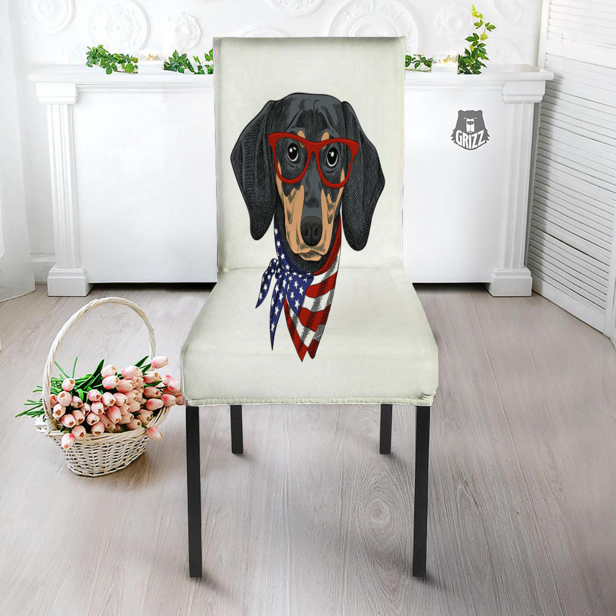 Dachshund Wearing Red Sunglasses Print Dining Chair Slipcover-grizzshop
