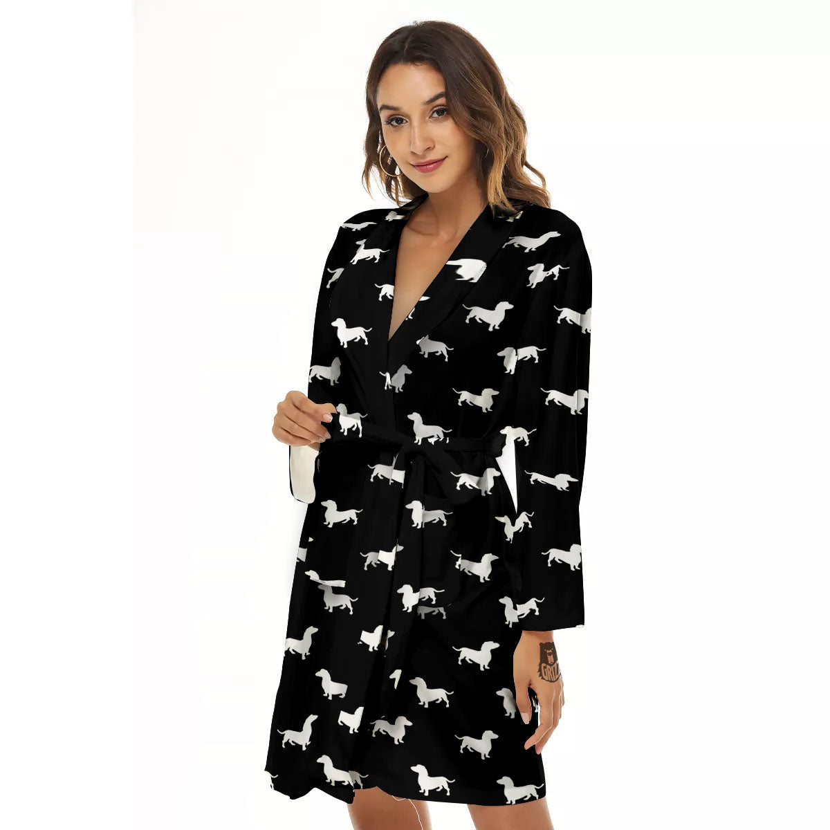 Dachshund White And Black Print Pattern Women's Robe-grizzshop