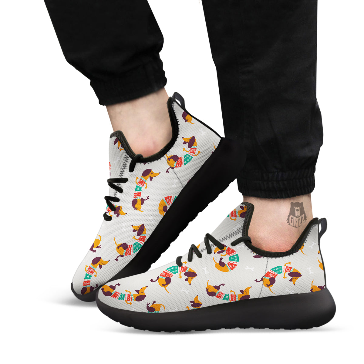 Dachshund Xmas Print Pattern Black Athletic Shoes-grizzshop