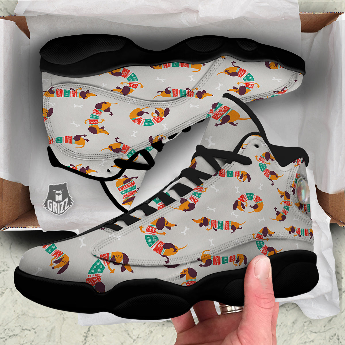 Dachshund Xmas Print Pattern Black Basketball Shoes-grizzshop
