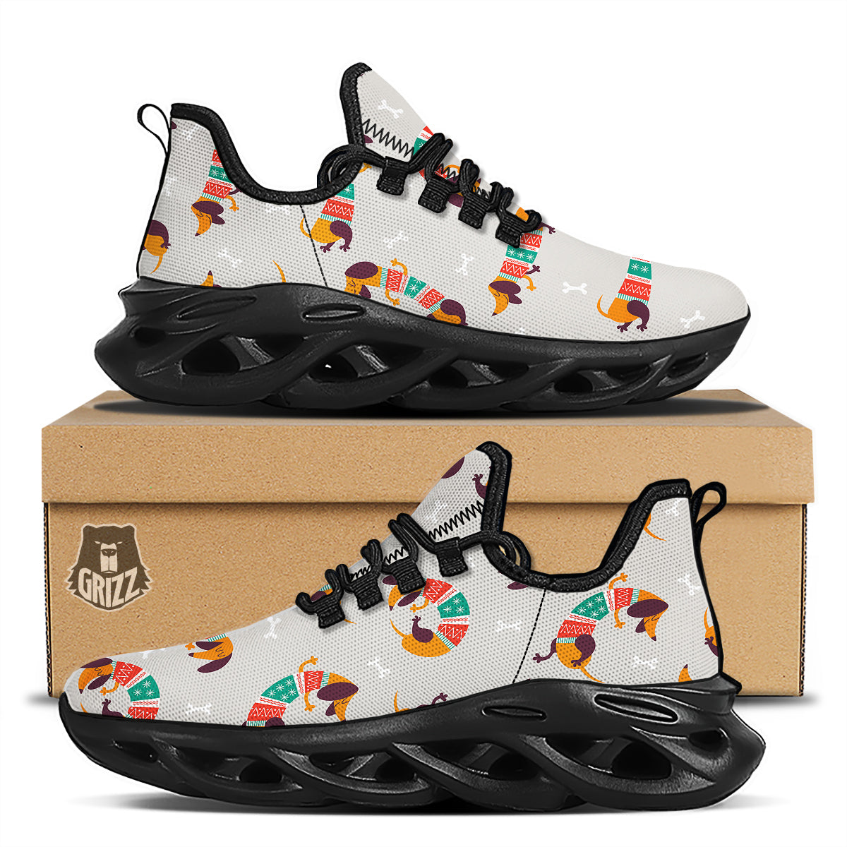 Dachshund Xmas Print Pattern Black Running Shoes-grizzshop