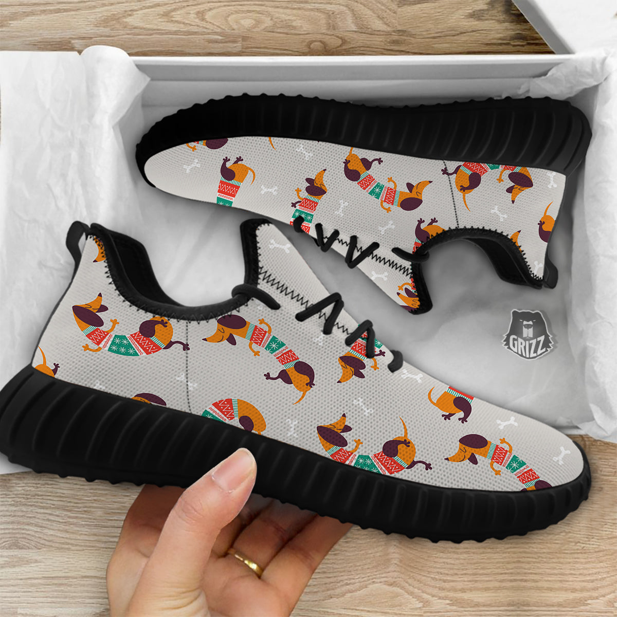 Dachshund Xmas Print Pattern Black Walking Shoes-grizzshop