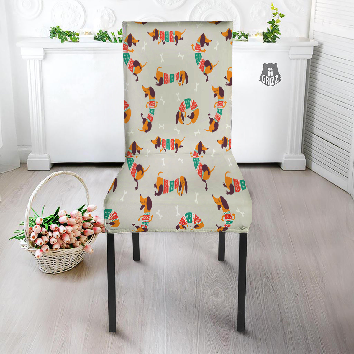 Dachshund Xmas Print Pattern Dining Chair Slipcover-grizzshop