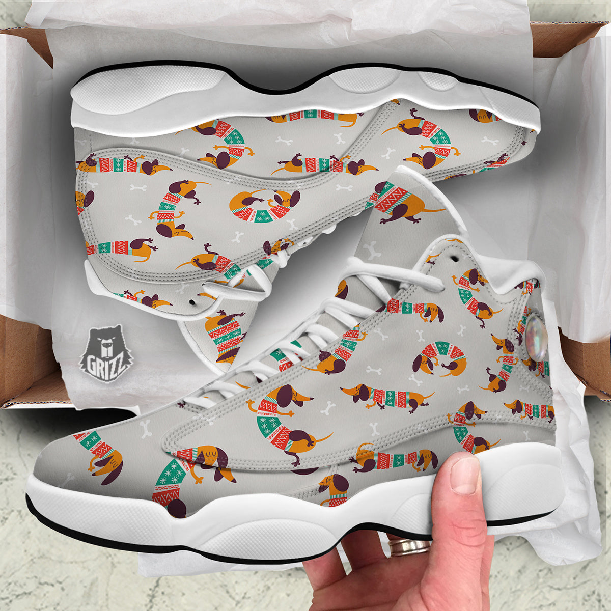 Dachshund Xmas Print Pattern White Basketball Shoes-grizzshop
