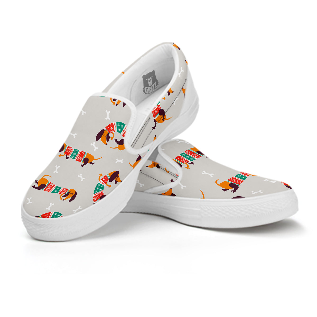 Dachshund Xmas Print Pattern White Slip On Shoes-grizzshop