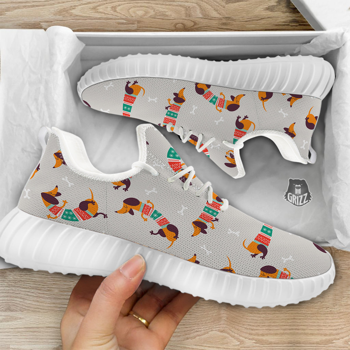 Dachshund Xmas Print Pattern White Walking Shoes-grizzshop