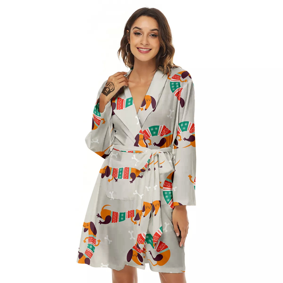 Dachshund Xmas Print Pattern Women's Robe-grizzshop