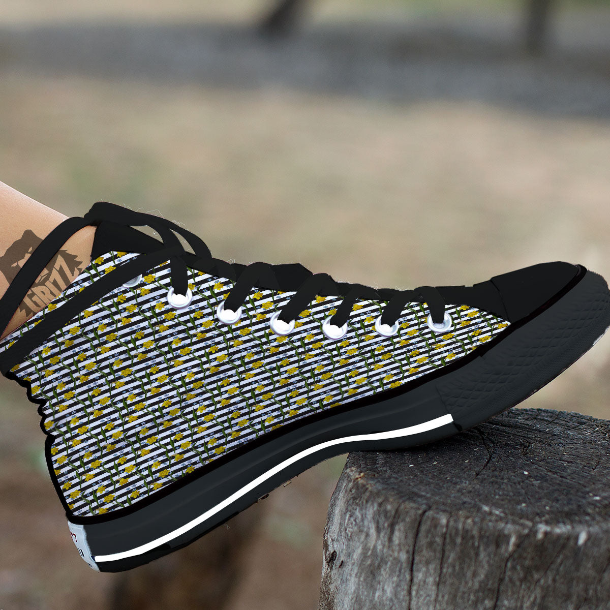 Daffodil Black Striped Print Pattern Black High Top Shoes-grizzshop