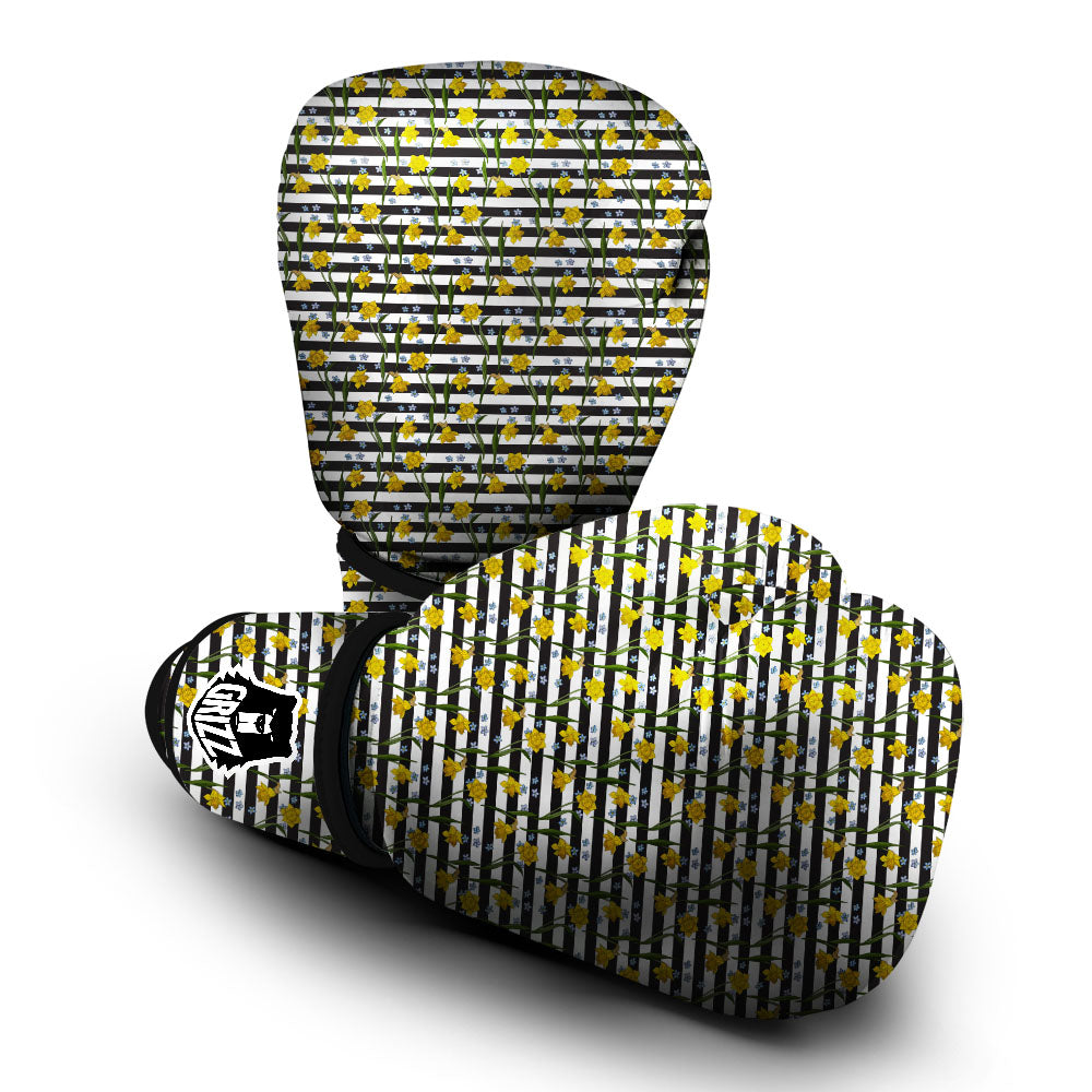 Daffodil Black Striped Print Pattern Boxing Gloves-grizzshop