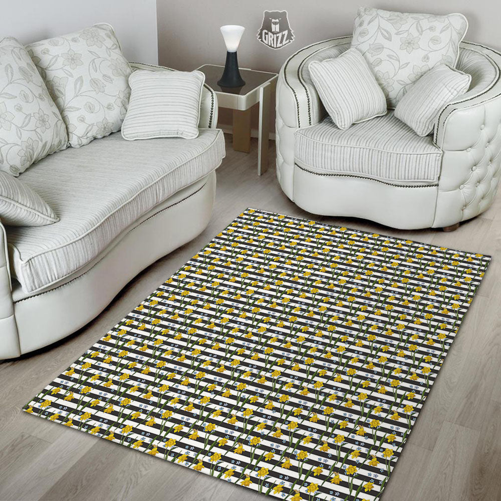 Daffodil Black Striped Print Pattern Floor Mat-grizzshop