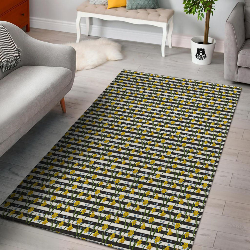 Daffodil Black Striped Print Pattern Floor Mat-grizzshop