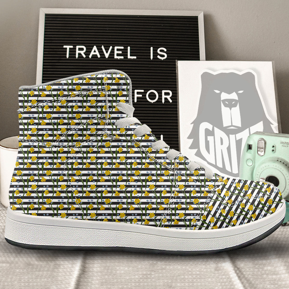 Daffodil Black Striped Print Pattern High Top Sneakers-grizzshop