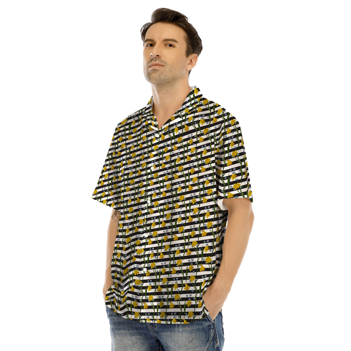 Daffodil Black Striped Print Pattern Men's Hawaiian Shirt-grizzshop