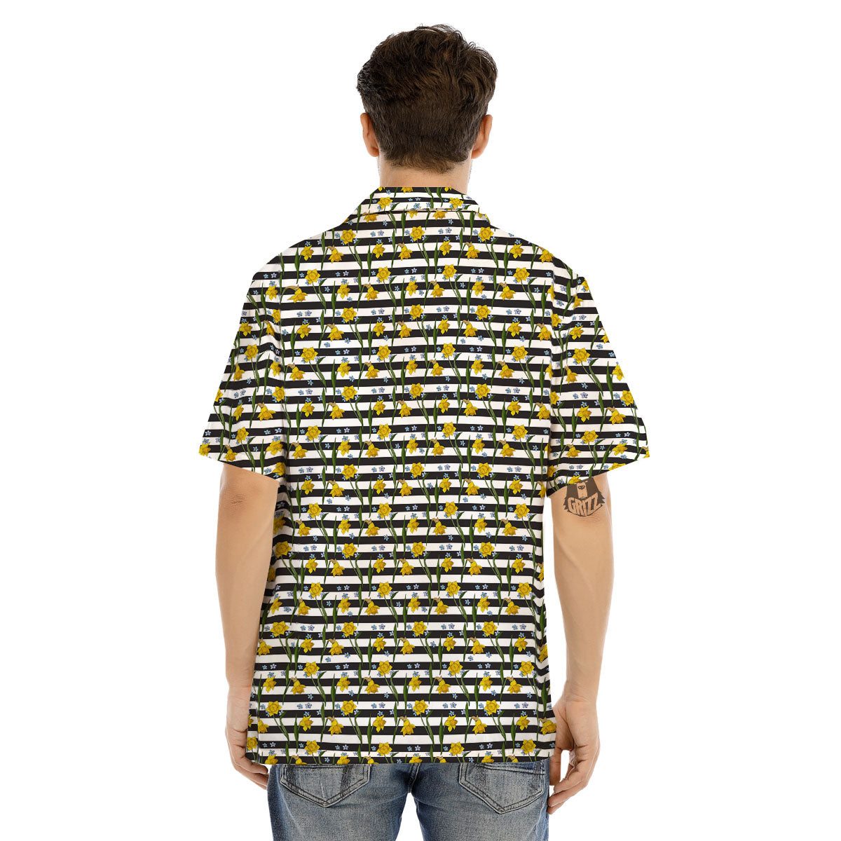 Daffodil Black Striped Print Pattern Men's Hawaiian Shirt-grizzshop