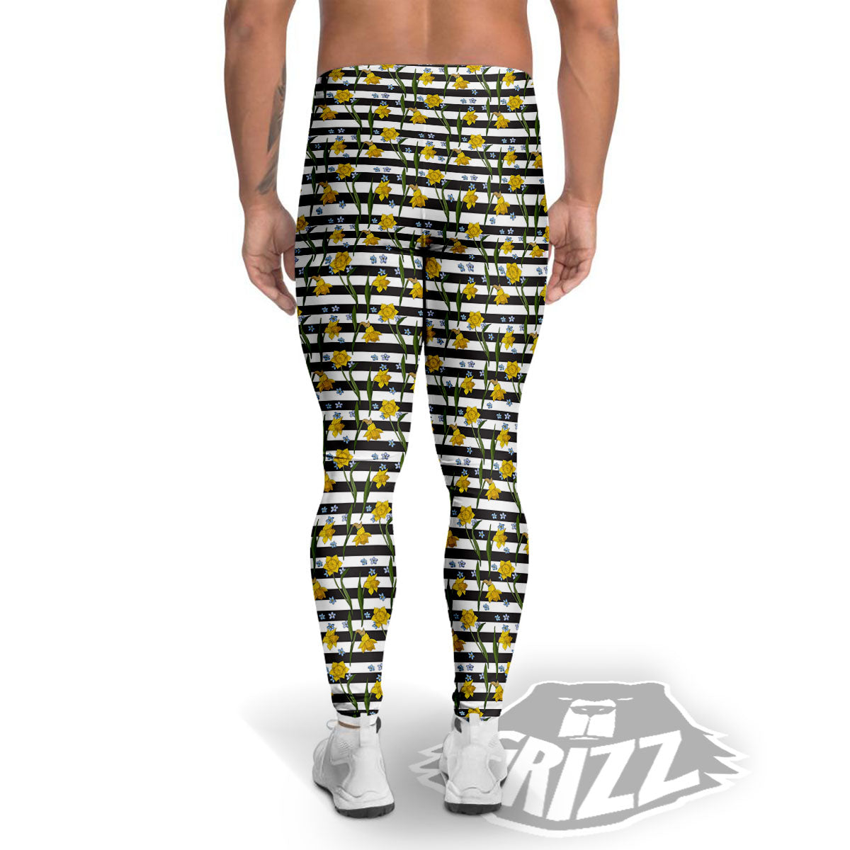 Daffodil Black Striped Print Pattern Men's Leggings-grizzshop