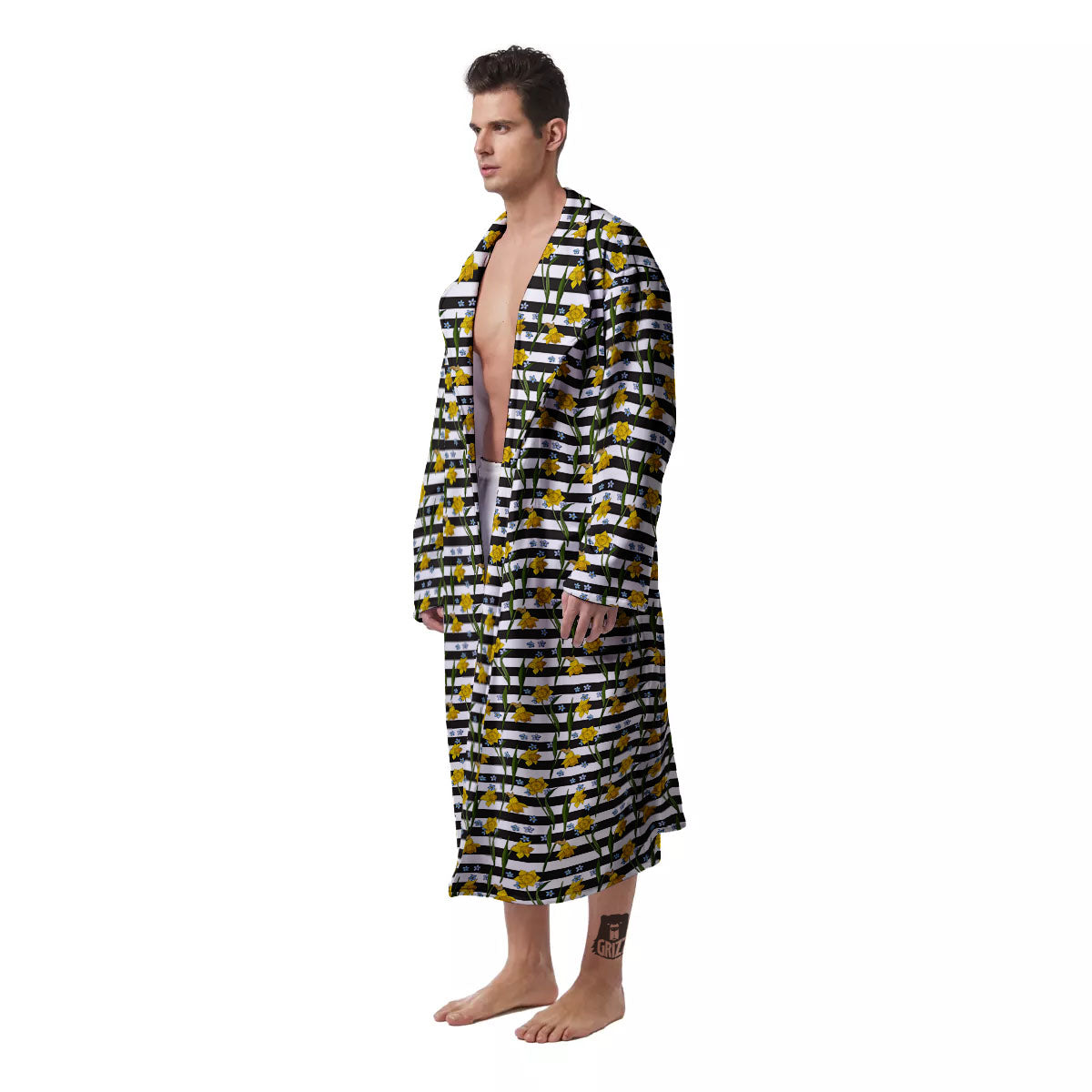 Daffodil Black Striped Print Pattern Men's Robe-grizzshop