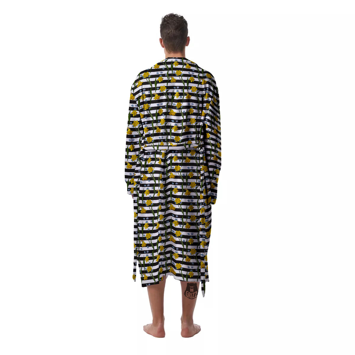 Daffodil Black Striped Print Pattern Men's Robe-grizzshop