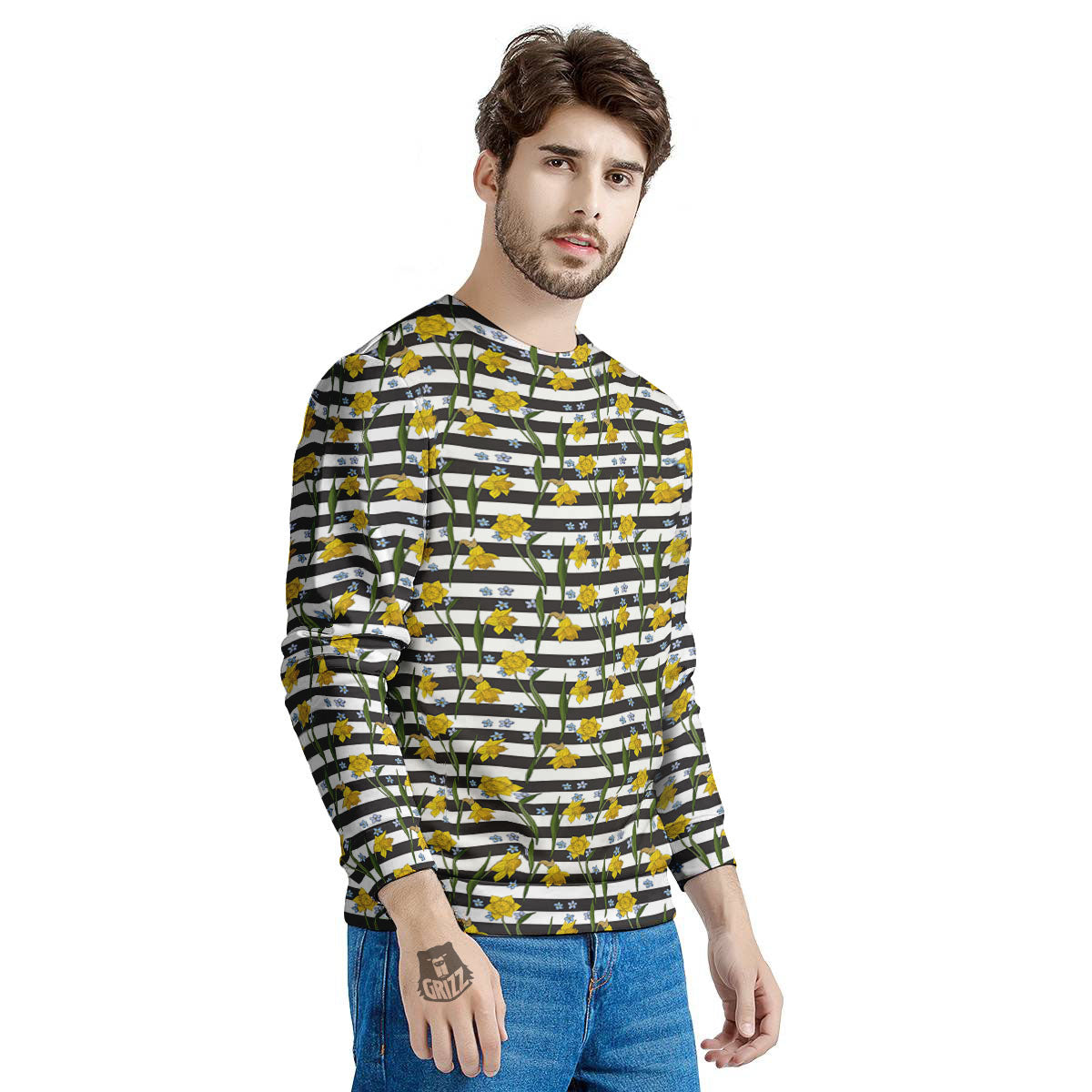 Daffodil Black Striped Print Pattern Men's Sweatshirt-grizzshop