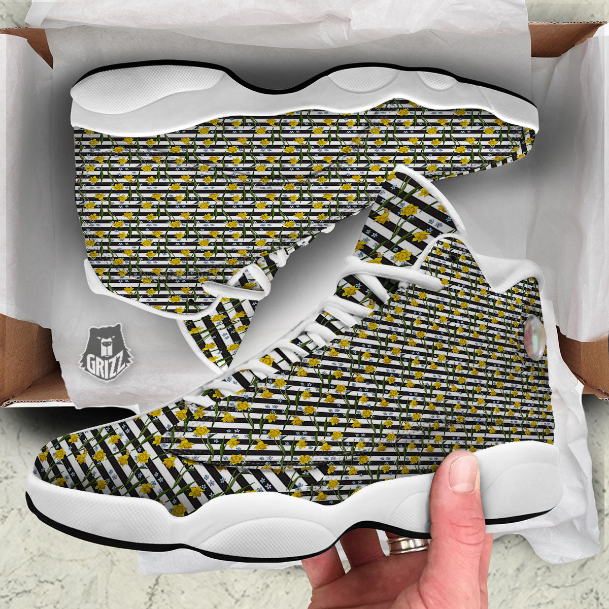Daffodil Black Striped Print Pattern White Basketball Shoes-grizzshop