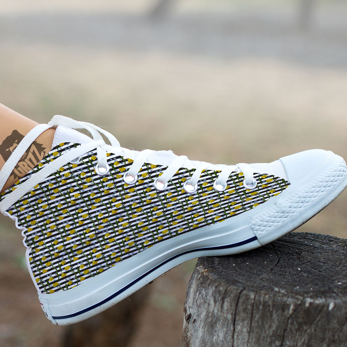 Daffodil Black Striped Print Pattern White High Top Shoes-grizzshop