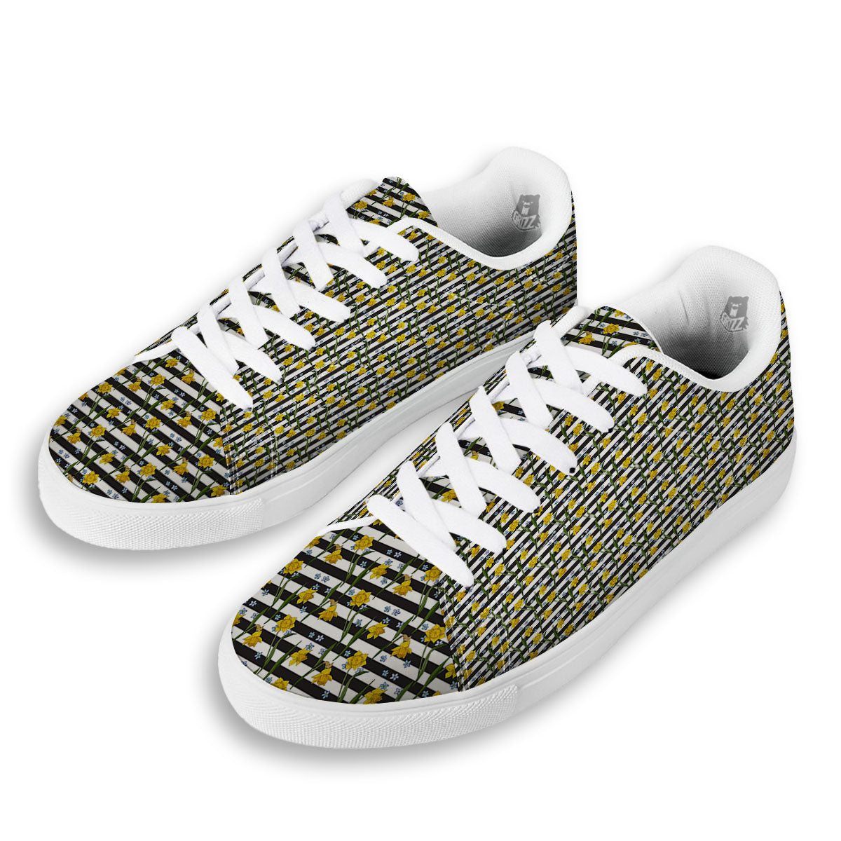 Daffodil Black Striped Print Pattern White Low Top Sneakers-grizzshop