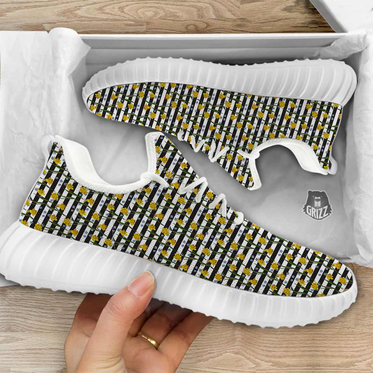 Daffodil Black Striped Print Pattern White Walking Shoes-grizzshop